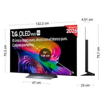 LG OLED evo AI C6 shown in front and side views highlights a 55-inch display with a 1222 mm-wide screen, an overall height of 703 mm, and an ultra-slim 45.1 mm depth without a stand.