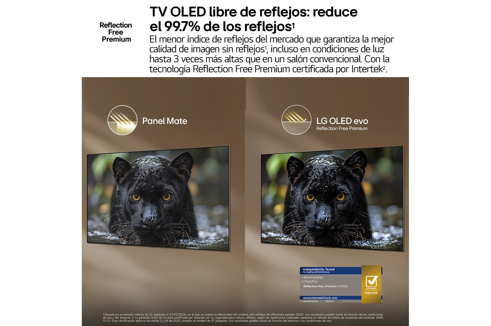 LG OLED evo AI G6 shows a split-screen planet-and-stars scene, comparing an anti-glare matte display with its Perfect Black & Perfect Color display for clearer picture quality in any light, supported by UL certification and Intertek certifications for color accuracy and Reflection-Free.