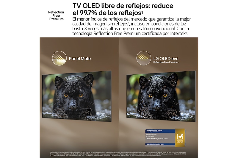 LG OLED evo AI G6 shows a split-screen planet-and-stars scene, comparing an anti-glare matte display with its Perfect Black & Perfect Color display for clearer picture quality in any light, supported by UL certification and Intertek certifications for color accuracy and Reflection-Free.
