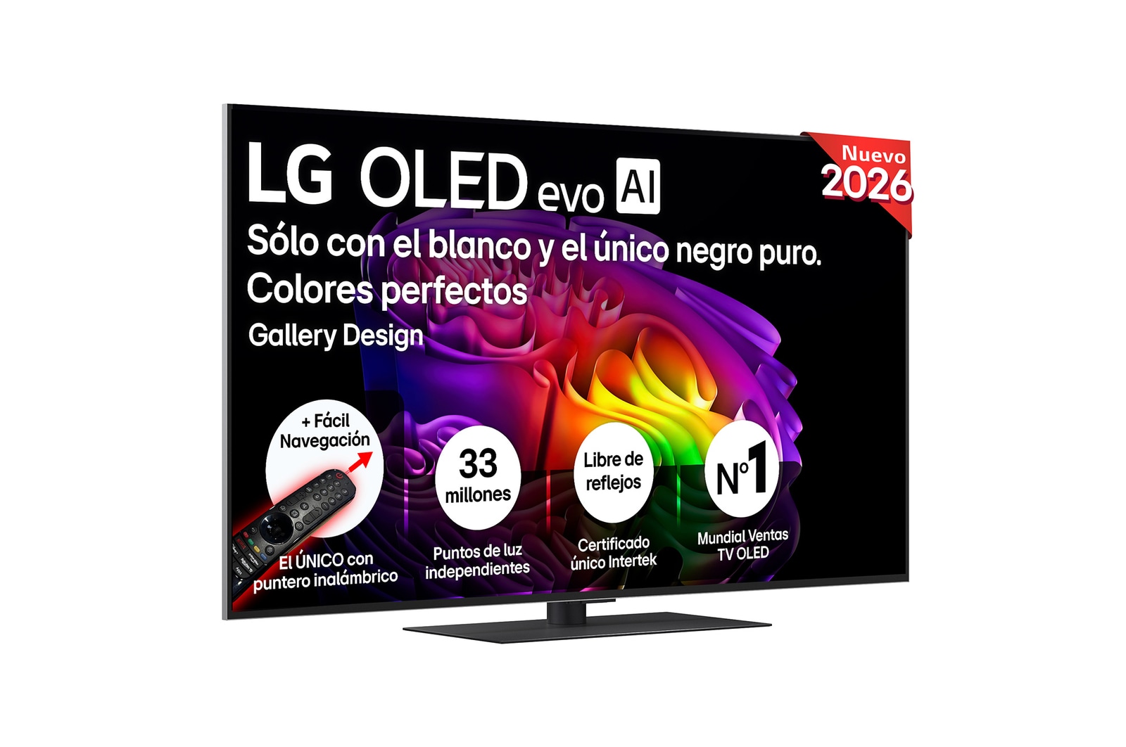 The front view of LG OLED evo AI G6, released in 2026, features a slim black bezel, with a vivid, sculptural image of richly layered, multicolored forms filling the screen.