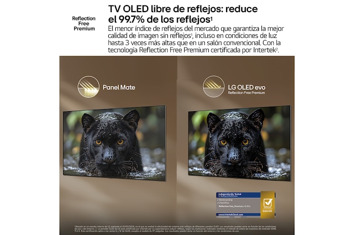 LG OLED evo AI G6 shows a split-screen planet-and-stars scene, comparing an anti-glare matte display with its Perfect Black & Perfect Color display for clearer picture quality in any light, supported by UL certification and Intertek certifications for color accuracy and Reflection-Free.