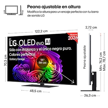LG OLED evo AI G6 shown in front and side views highlights a 55-inch display with a 1222 mm-wide screen, 703 mm screen height, 787 mm height with stand, a 27.2 mm depth, and a stand footprint measuring 485 by 263 mm.