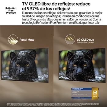 LG OLED evo AI G6 shows a split-screen planet-and-stars scene, comparing an anti-glare matte display with its Perfect Black & Perfect Color display for clearer picture quality in any light, supported by UL certification and Intertek certifications for color accuracy and Reflection-Free.