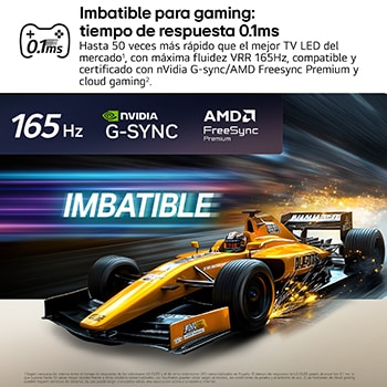 LG OLED evo AI G6 for Unbeatable Gameplay in 4K 165Hz shows a high-speed racing game with a yellow open-wheel car in motion, bold “WIN” text on screen, and NVIDIA G-SYNC and AMD FreeSync Premium logos at the top.