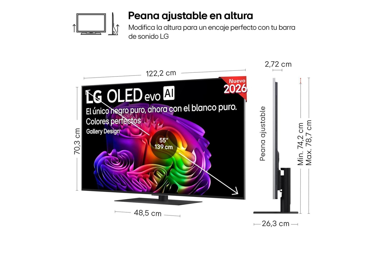 LG OLED evo AI G6 shown in front and side views highlights a 55-inch display with a 1222 mm-wide screen, 703 mm screen height, 787 mm height with stand, a 27.2 mm depth, and a stand footprint measuring 485 by 263 mm.