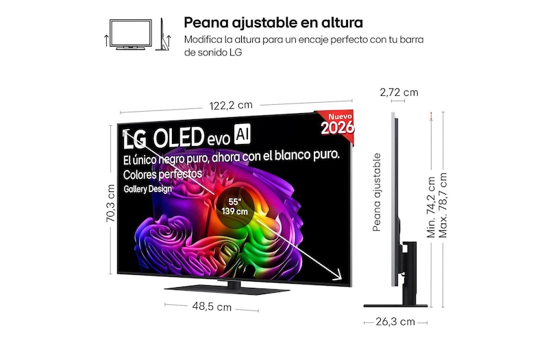 LG OLED evo AI G6 shown in front and side views highlights a 55-inch display with a 1222 mm-wide screen, 703 mm screen height, 787 mm height with stand, a 27.2 mm depth, and a stand footprint measuring 485 by 263 mm.