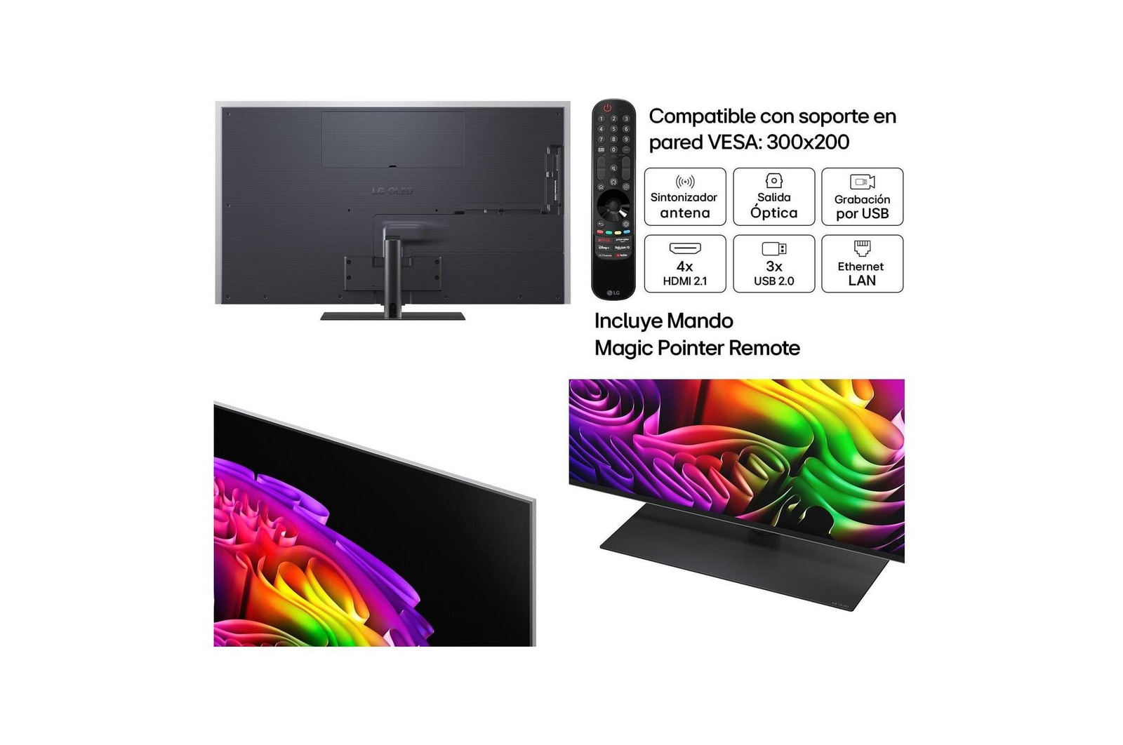 LG OLED evo AI G6 shown in front and side views highlights an 83-inch display with a 1847 mm-wide screen, 1057 mm screen height, 1115 mm height with stand, a 28 mm depth, and a stand footprint measuring 501 by 321 mm.