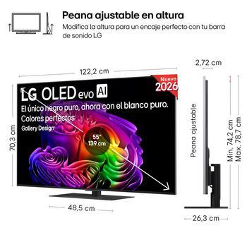 LG OLED evo AI G6 shown in front and side views highlights a 55-inch display with a 1222 mm-wide screen, 703 mm screen height, 787 mm height with stand, a 27.2 mm depth, and a stand footprint measuring 485 by 263 mm.