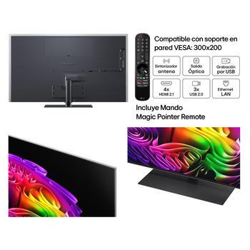 LG OLED evo AI G6 shown in front and side views highlights an 83-inch display with a 1847 mm-wide screen, 1057 mm screen height, 1115 mm height with stand, a 28 mm depth, and a stand footprint measuring 501 by 321 mm.