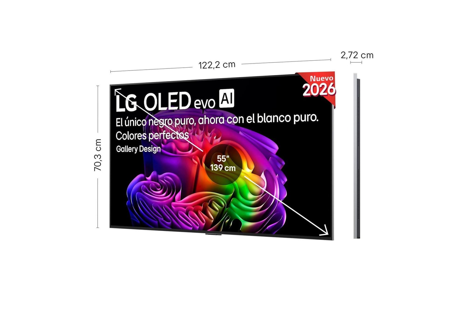 LG OLED evo AI G6 shown in front and side views highlights an 83-inch display with a 1847 mm-wide screen, 1057 mm screen height, 1115 mm height with stand, a 28 mm depth, and a stand footprint measuring 501 by 321 mm.