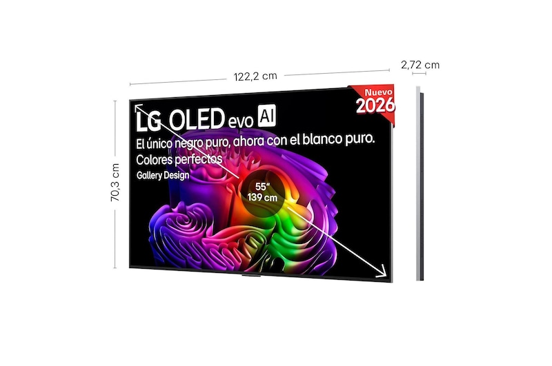LG OLED evo AI G6 shown in front and side views highlights an 83-inch display with a 1847 mm-wide screen, 1057 mm screen height, 1115 mm height with stand, a 28 mm depth, and a stand footprint measuring 501 by 321 mm.