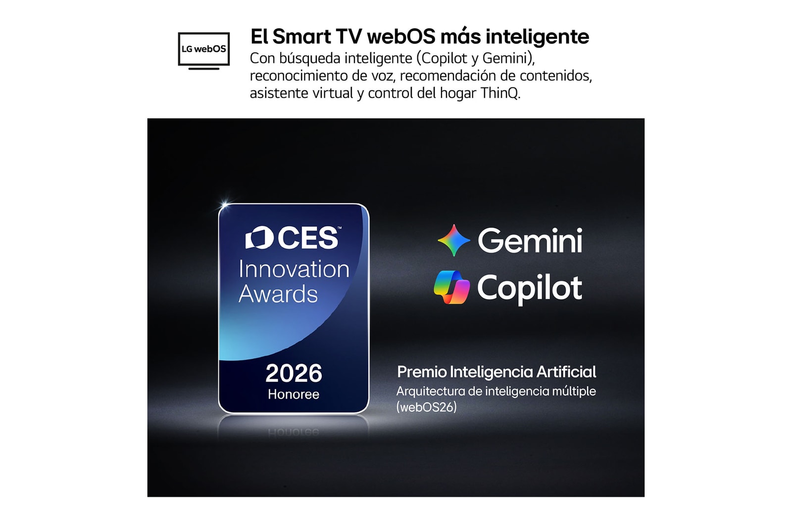 The 2026 CES Innovation Awards Honoree badge in the Artificial Intelligence category recognizes Multi-AI search with Google Gemini and Microsoft Copilot.