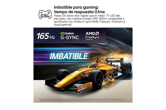 LG OLED evo AI C6 for Unbeatable Gameplay in 4K 165Hz shows a high-speed racing game with a yellow open-wheel car in motion, bold “WIN” text on screen, and NVIDIA G-SYNC and AMD FreeSync Premium logos at the top.