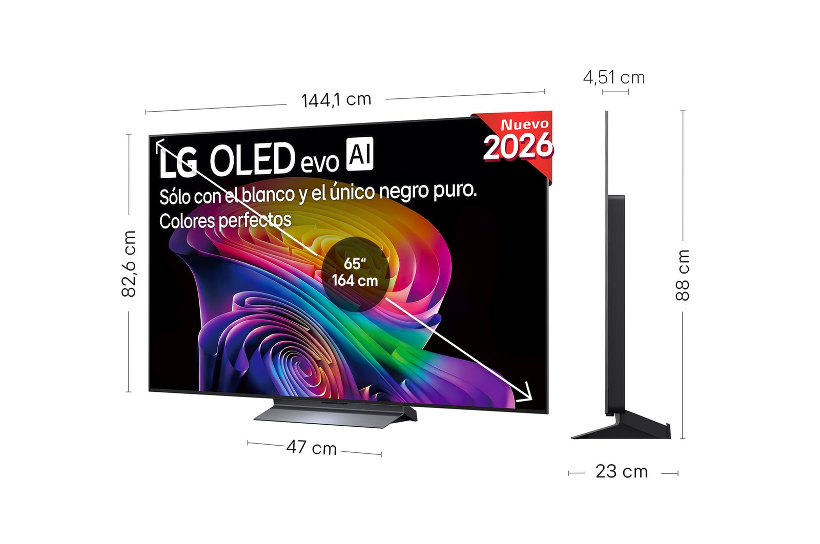 LG OLED evo AI C6 shown in front and side views highlights a 65-inch display with a 1441 mm-wide screen, an overall height of 826 mm, and an ultra-slim 45.1 mm depth without a stand.