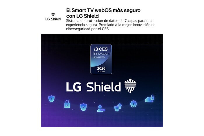 LG Shield, applied to LG OLED evo AI C6, is shown with an LG Shield logo at the center, security icons below, and a 2026 CES Innovation Awards Honoree badge above, representing data and system protection.