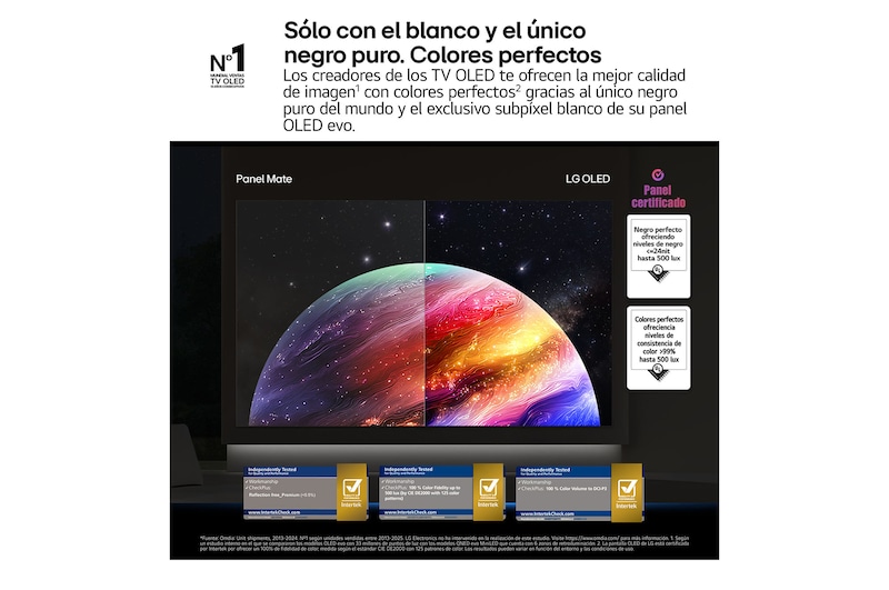 LG OLED evo AI C6 shows a split-screen planet-and-stars scene, comparing an anti-glare matte display with its Perfect Black & Perfect Color display for clearer picture quality in any light, supported by UL certification and Intertek certifications for color volume and color fidelity.