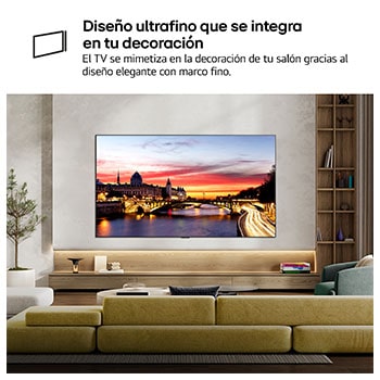 LG OLED evo AI C6 is wall-mounted in a styled living space, featuring an ultra-slim design with narrow bezels, and it displays a riverside cityscape at sunset on screen. 