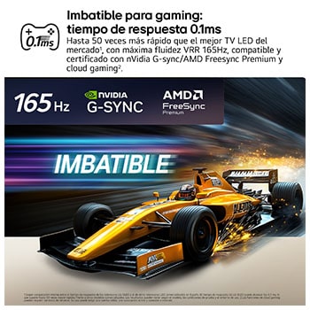 LG OLED evo AI C6 for Unbeatable Gameplay in 4K 165Hz shows a high-speed racing game with a yellow open-wheel car in motion, bold “WIN” text on screen, and NVIDIA G-SYNC and AMD FreeSync Premium logos at the top.