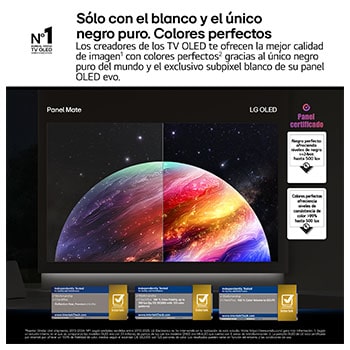 LG OLED evo AI C6 shows a split-screen planet-and-stars scene, comparing an anti-glare matte display with its Perfect Black & Perfect Color display for clearer picture quality in any light, supported by UL certification and Intertek certifications for color volume and color fidelity.