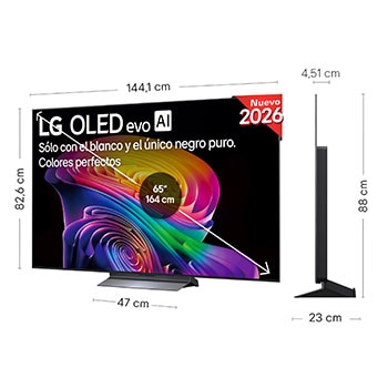 LG OLED evo AI C6 shown in front and side views highlights a 55-inch display with a 1222 mm-wide screen, an overall height of 703 mm, and an ultra-slim 45.1 mm depth without a stand.