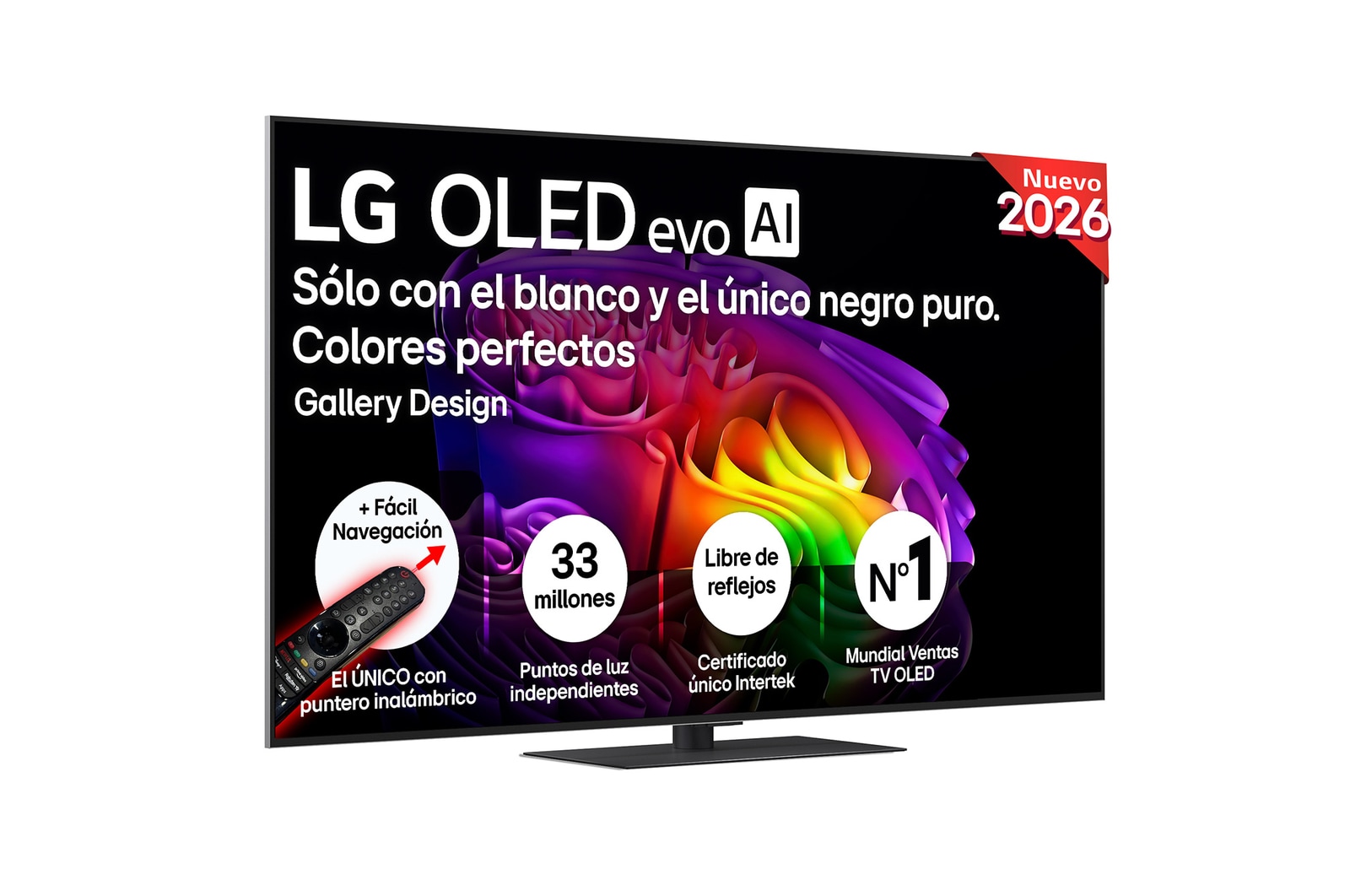 The front view of LG OLED evo AI G6, released in 2026, features a slim black bezel, with a vivid, sculptural image of richly layered, multicolored forms filling the screen.