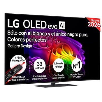 The front view of LG OLED evo AI G6, released in 2026, features a slim black bezel, with a vivid, sculptural image of richly layered, multicolored forms filling the screen.