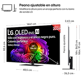 LG OLED evo AI G6 shown in front and side views highlights a 65-inch display with a 1441 mm-wide screen, 826 mm screen height, 910 mm height with stand, a 24.3 mm depth, and a stand footprint measuring 485 by 263 mm.
