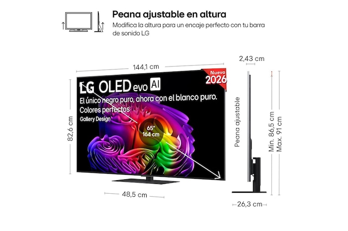 LG OLED evo AI G6 shown in front and side views highlights a 65-inch display with a 1441 mm-wide screen, 826 mm screen height, 910 mm height with stand, a 24.3 mm depth, and a stand footprint measuring 485 by 263 mm.