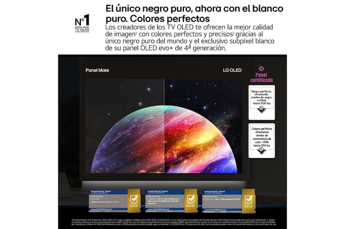 LG OLED evo AI G6 shows a split-screen planet-and-stars scene, comparing an anti-glare matte display with its Perfect Black & Perfect Color display for clearer picture quality in any light, supported by UL certification and Intertek certifications for color accuracy and Reflection-Free.