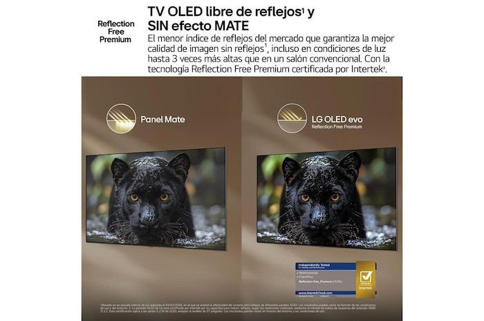 LG OLED evo AI G6 with Reflection Free Premium shows a side-by-side comparison against an anti-glare matte display, keeping the black jaguar image clear with deep blacks and fine texture, especially in bright environments, with an Intertek certification mark shown.