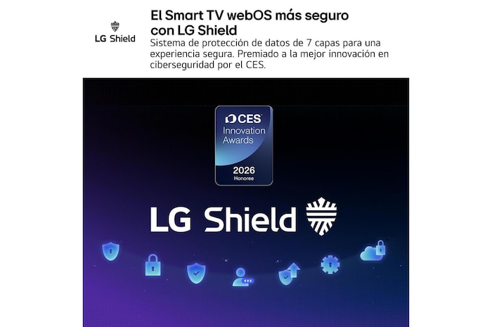 LG Shield, applied to LG OLED evo AI G6, is shown with an LG Shield logo at the center, security icons below, and a 2026 CES Innovation Awards Honoree badge above, representing data and system protection.