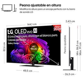LG OLED evo AI G6 shown in front and side views highlights a 65-inch display with a 1441 mm-wide screen, 826 mm screen height, 910 mm height with stand, a 24.3 mm depth, and a stand footprint measuring 485 by 263 mm.