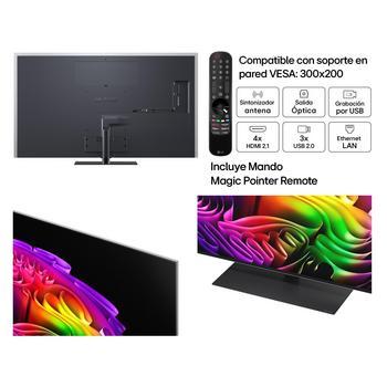 LG OLED evo AI G6 shown in front and side views highlights an 83-inch display with a 1847 mm-wide screen, 1057 mm screen height, 1115 mm height with stand, a 28 mm depth, and a stand footprint measuring 501 by 321 mm.
