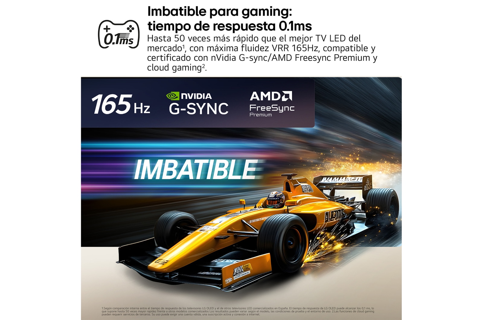 LG OLED evo AI G6 for Unbeatable Gameplay in 4K 165Hz shows a high-speed racing game with a yellow open-wheel car in motion, bold “WIN” text on screen, and NVIDIA G-SYNC and AMD FreeSync Premium logos at the top.