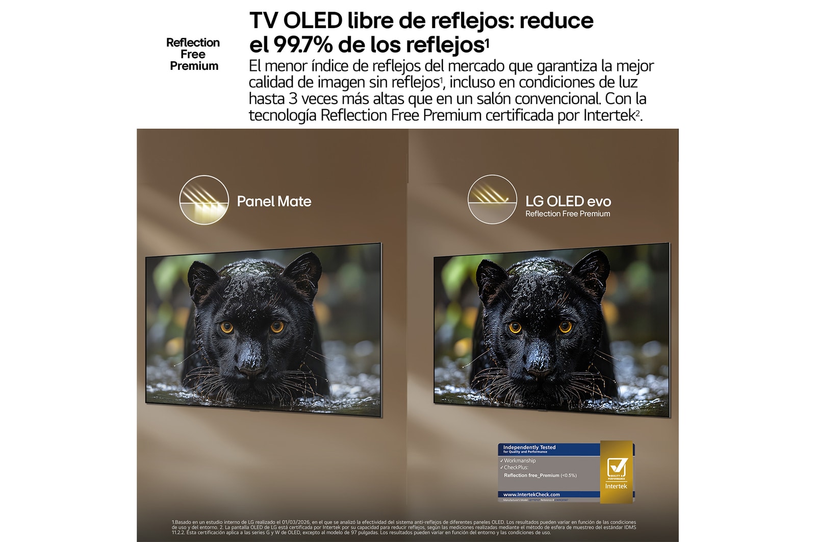 LG OLED evo AI G6 shows a split-screen planet-and-stars scene, comparing an anti-glare matte display with its Perfect Black & Perfect Color display for clearer picture quality in any light, supported by UL certification and Intertek certifications for color accuracy and Reflection-Free.