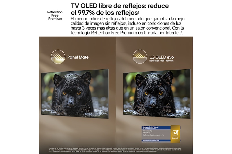 LG OLED evo AI G6 shows a split-screen planet-and-stars scene, comparing an anti-glare matte display with its Perfect Black & Perfect Color display for clearer picture quality in any light, supported by UL certification and Intertek certifications for color accuracy and Reflection-Free.