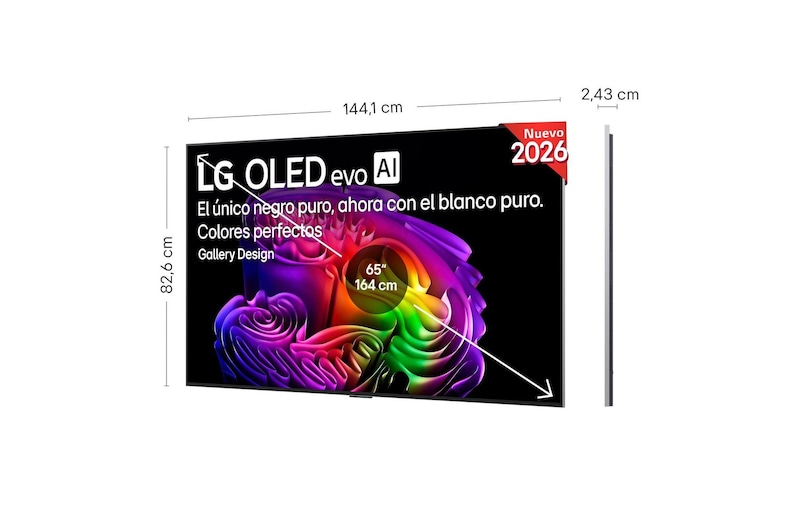 LG OLED evo AI G6 shown in front and side views highlights an 83-inch display with a 1847 mm-wide screen, 1057 mm screen height, 1115 mm height with stand, a 28 mm depth, and a stand footprint measuring 501 by 321 mm.