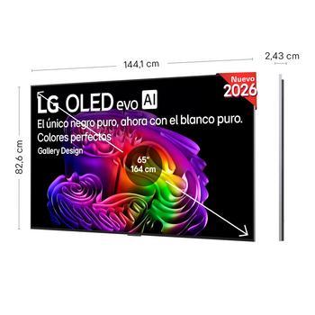 LG OLED evo AI G6 shown in front and side views highlights an 83-inch display with a 1847 mm-wide screen, 1057 mm screen height, 1115 mm height with stand, a 28 mm depth, and a stand footprint measuring 501 by 321 mm.