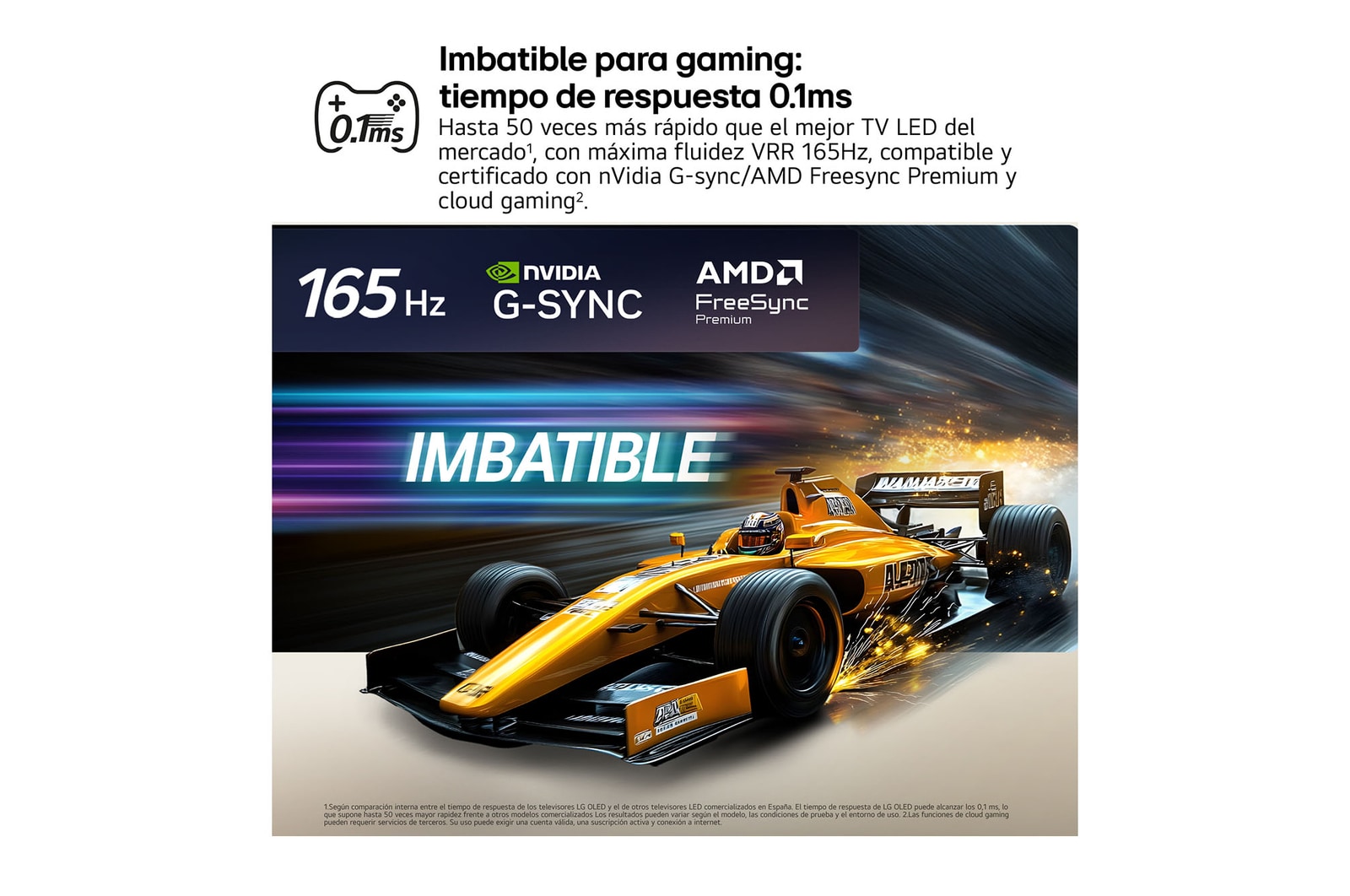 LG OLED evo AI C6 for Unbeatable Gameplay in 4K 165Hz shows a high-speed racing game with a yellow open-wheel car in motion, bold “WIN” text on screen, and NVIDIA G-SYNC and AMD FreeSync Premium logos at the top.