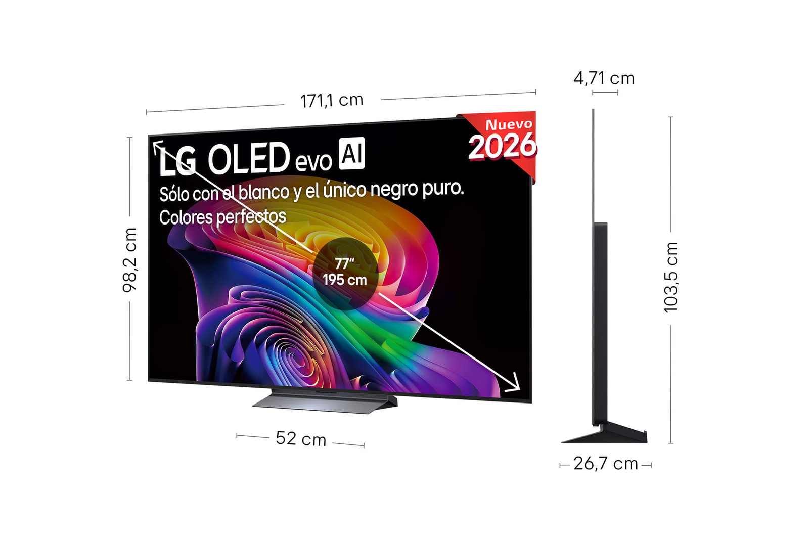 LG OLED evo AI C6 shown in front and side views highlights a 77-inch display with a 1711 mm-wide screen, an overall height of 982 mm, and an ultra-slim 47.1 mm depth without a stand.