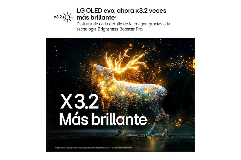 LG OLED evo AI C6 with Brightness Booster Pro shows a dark scene where glowing particles surrounding a deer silhouette, delivering up to 3.2x brighter peak brightness with higher luminance and clearer detail.