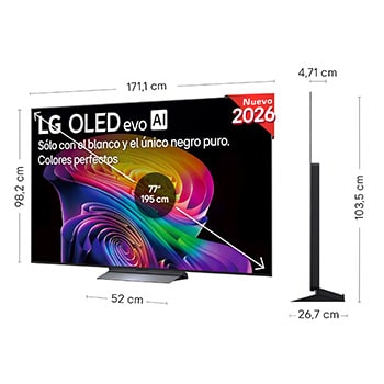LG OLED evo AI C6 shown in front and side views highlights a 77-inch display with a 1711 mm-wide screen, an overall height of 982 mm, and an ultra-slim 47.1 mm depth without a stand.