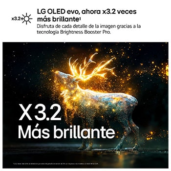 LG OLED evo AI C6 with Brightness Booster Pro shows a dark scene where glowing particles surrounding a deer silhouette, delivering up to 3.2x brighter peak brightness with higher luminance and clearer detail.