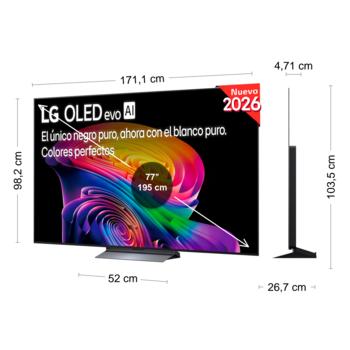LG OLED evo AI C6 shown in front and side views highlights a 77-inch display with a 1711 mm-wide screen, an overall height of 982 mm, and an ultra-slim 47.1 mm depth without a stand.