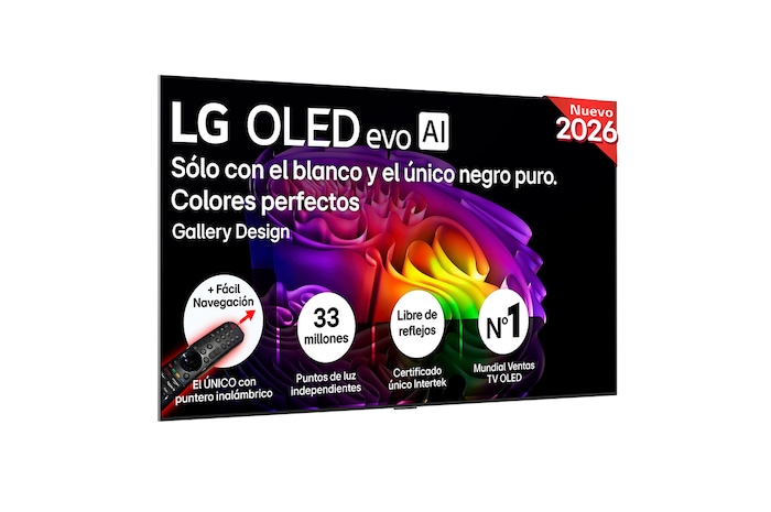 The front view of LG OLED evo AI G6, released in 2026, features a slim black bezel, with a vivid, sculptural image of richly layered, multicolored forms filling the screen.