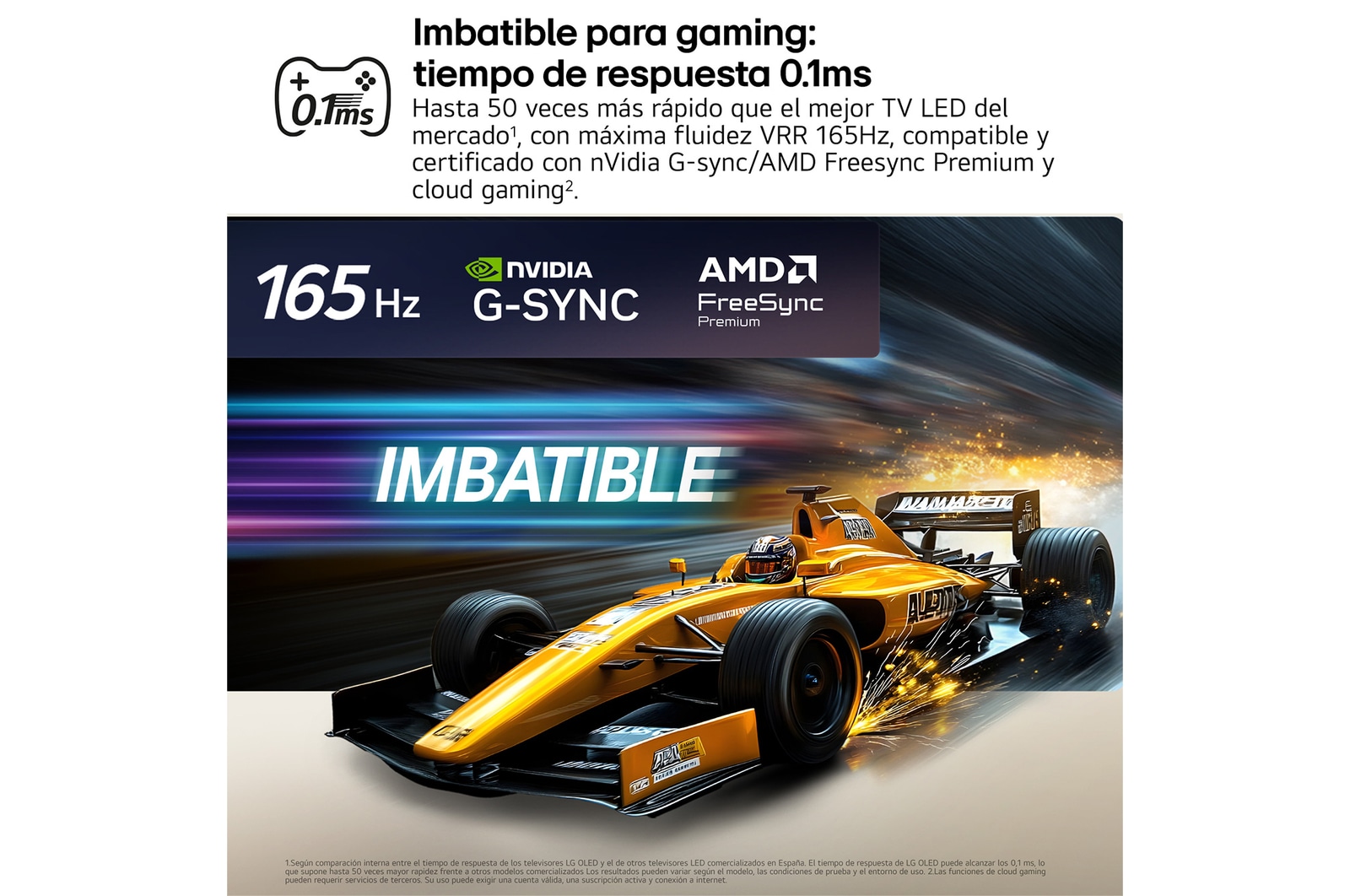 LG OLED evo AI G6 for Unbeatable Gameplay in 4K 165Hz shows a high-speed racing game with a yellow open-wheel car in motion, bold “WIN” text on screen, and NVIDIA G-SYNC and AMD FreeSync Premium logos at the top.