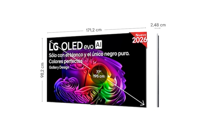 LG OLED evo AI G6 shown in front and side views highlights an 83-inch display with a 1847 mm-wide screen, 1057 mm screen height, 1115 mm height with stand, a 28 mm depth, and a stand footprint measuring 501 by 321 mm.