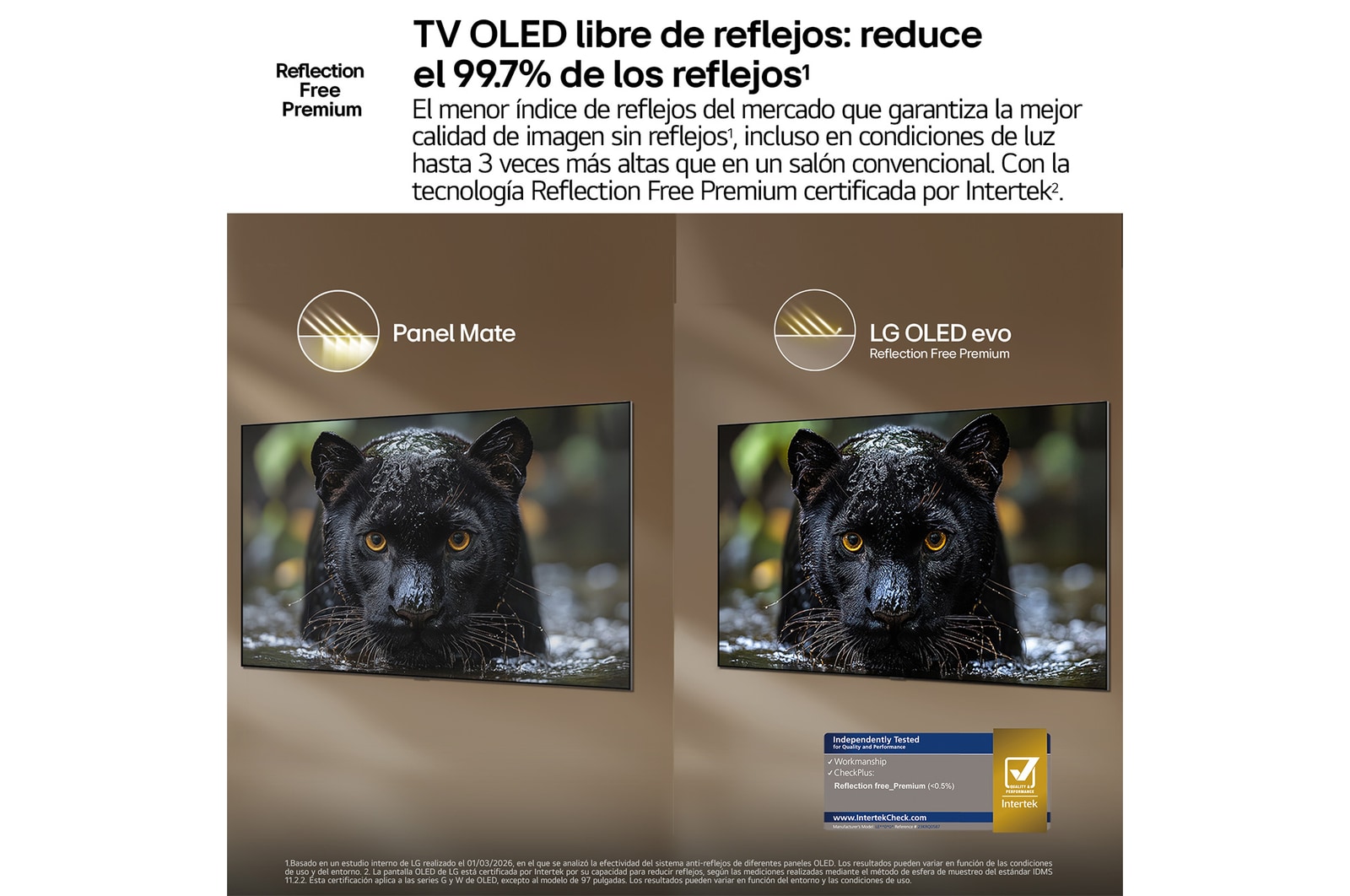 LG OLED evo AI G6 shows a split-screen planet-and-stars scene, comparing an anti-glare matte display with its Perfect Black & Perfect Color display for clearer picture quality in any light, supported by UL certification and Intertek certifications for color accuracy and Reflection-Free.