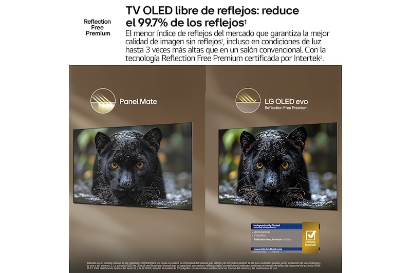 LG OLED evo AI G6 shows a split-screen planet-and-stars scene, comparing an anti-glare matte display with its Perfect Black & Perfect Color display for clearer picture quality in any light, supported by UL certification and Intertek certifications for color accuracy and Reflection-Free.