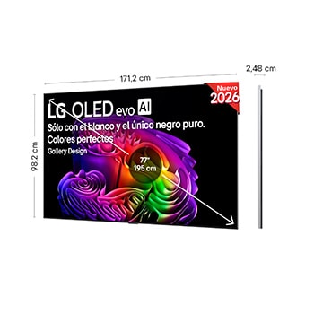 LG OLED evo AI G6 shown in front and side views highlights an 83-inch display with a 1847 mm-wide screen, 1057 mm screen height, 1115 mm height with stand, a 28 mm depth, and a stand footprint measuring 501 by 321 mm.